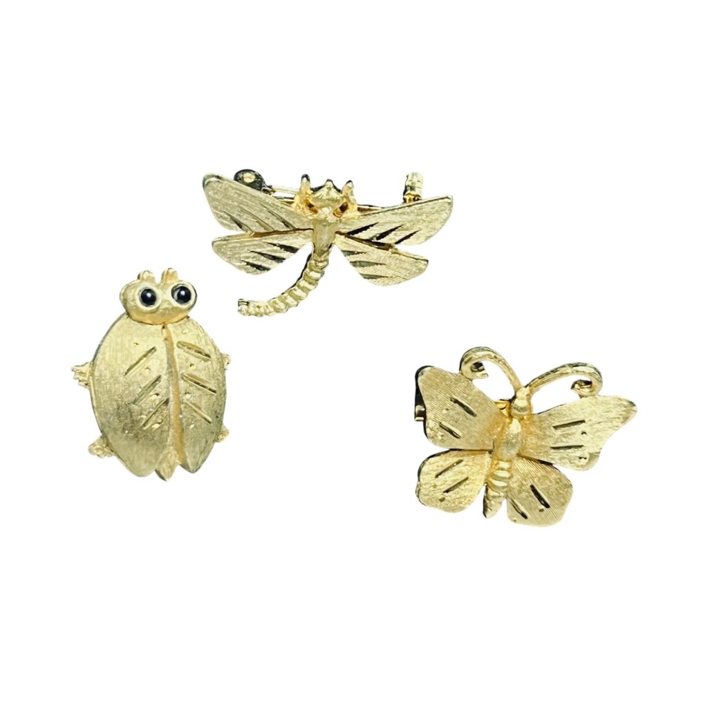 Set Of 3 Jonette Gold Tone Bug Brooches Beetle Dragon Fly Butterfly 5646 35$